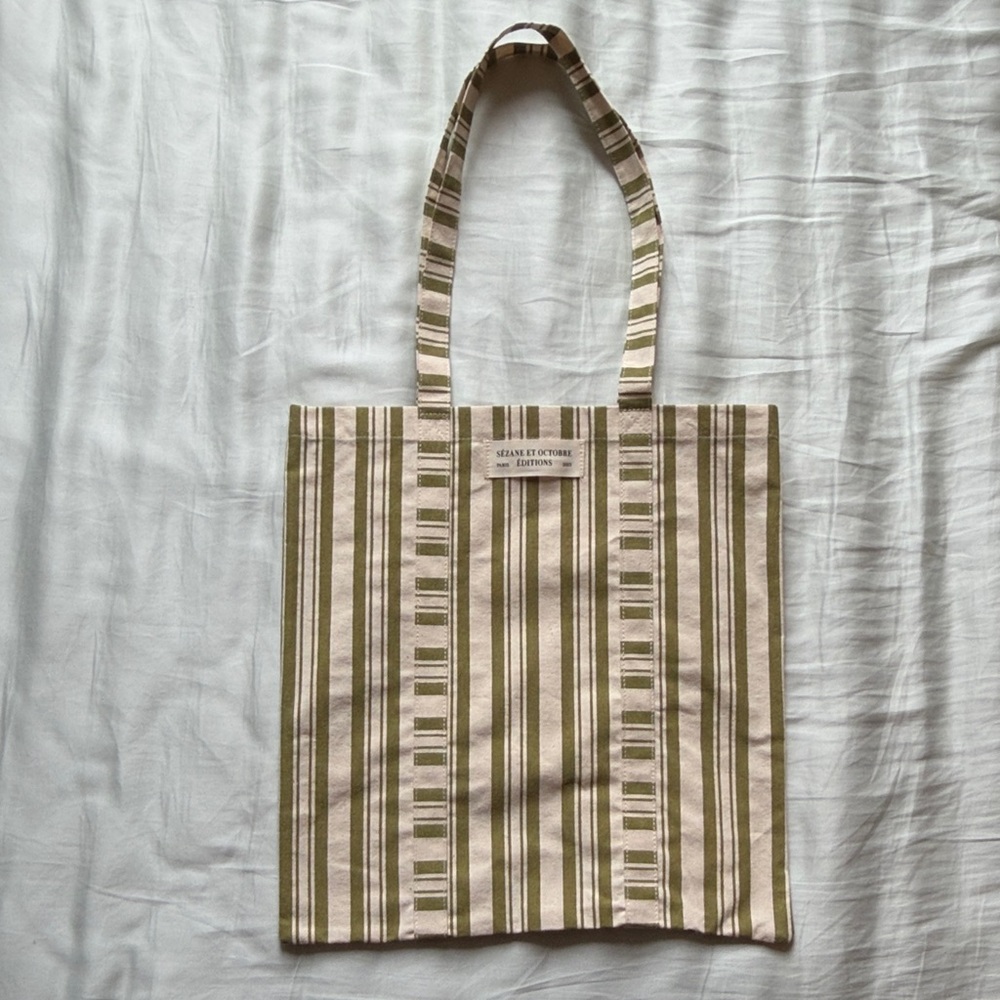 Sezane Striped Tote Bag in Olive and Cream